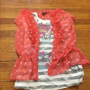 Pinkish coral shawl and white striped shirt